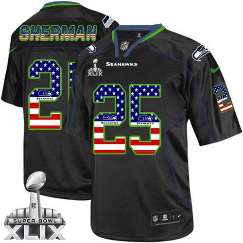 Nike Seahawks #25 Richard Sherman Black Super Bowl XLIX Men's Stitched NFL Elite USA Flag Fashion Jersey