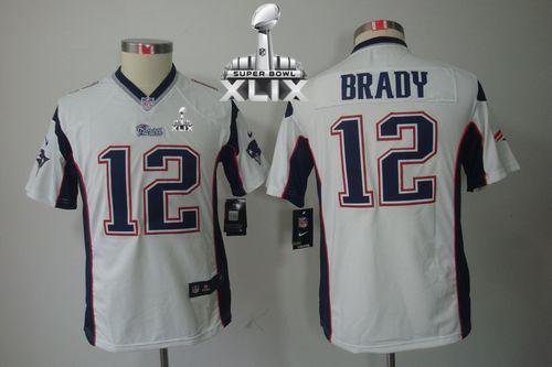 Youth Nike Patriots #12 Tom Brady White Super Bowl XLIX Stitched NFL Limited Jersey