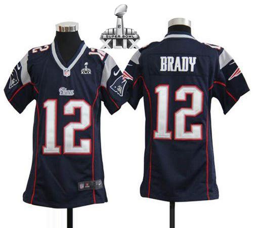 Youth Nike Patriots #12 Tom Brady Navy Blue Team Color Super Bowl XLIX Stitched NFL Elite Jersey