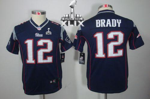 Youth Nike Patriots #12 Tom Brady Navy Blue Team Color Super Bowl XLIX Stitched NFL Limited Jersey