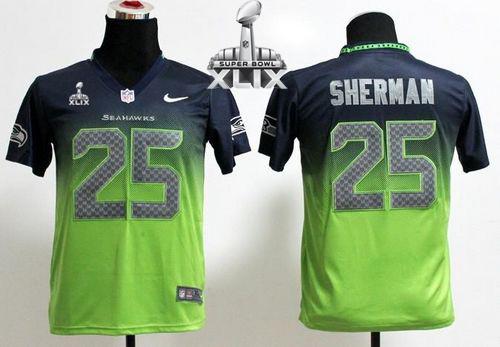 Youth Nike Seahawks #25 Richard Sherman Steel Blue Green Super Bowl XLIX Stitched NFL Elite Fadeaway Fashion Jersey
