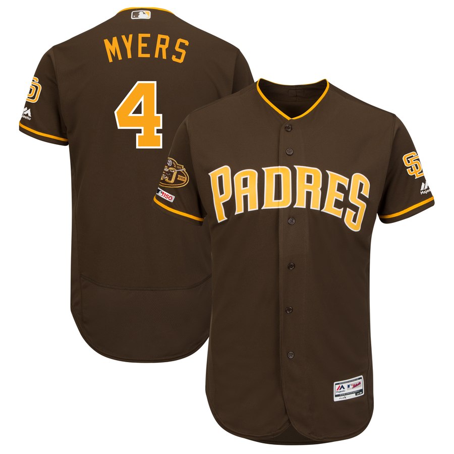 Men's San Diego Padres 4 Wil Myers Brown 50th Anniversary and 150th Patch FlexBase Jersey