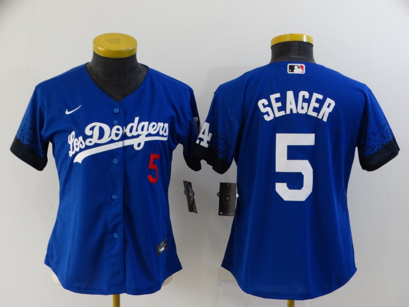 Women's Los Angeles Dodgers #5 Corey Seager Blue 2021 City Connect Number Cool Base Stitched Jersey Women's Los Angeles Dodgers #5 Corey Seager Blue 2021 City Connect Number Cool Base Stitched Jersey