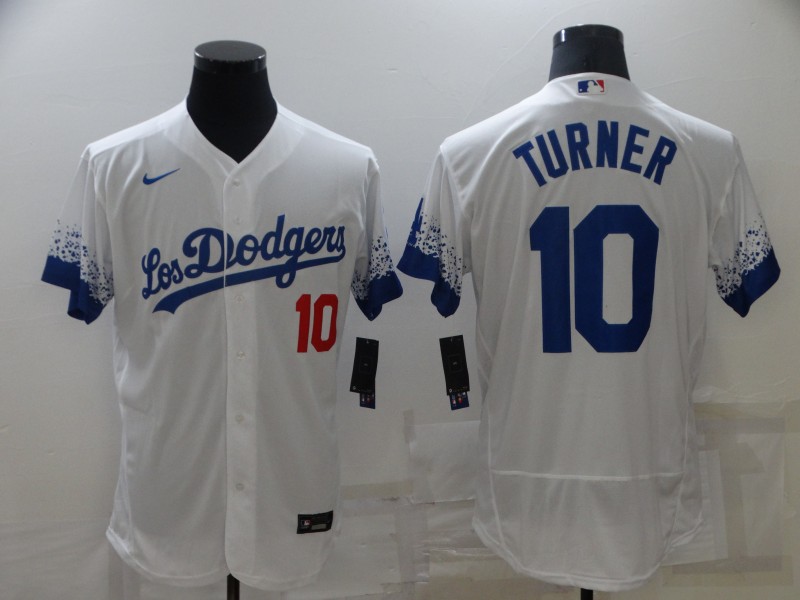 Men's Los Angeles Dodgers #10 Justin Turner White 2021 City Connect Flex Base Stitched Jersey Men's Los Angeles Dodgers #10 Justin Turner White 2021 City Connect Flex Base Stitched Jersey