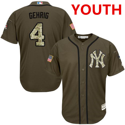 Youth New York Yankees #4 Lou Gehrig Green Salute To Service Stitched MLB Jersey