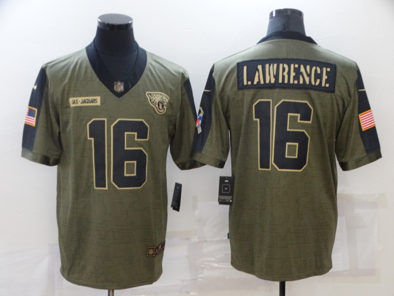 Men's Jacksonville Jaguars #16 Trevor Lawrence 2021 Olive Salute To Service Limited Stitched Jersey