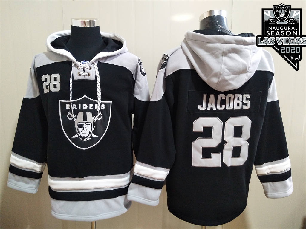 Men's Las Vegas Raiders #28 Josh Jacobs NEW Black 2020 Inaugural Season Pocket Stitched NFL Pullover Hoodie