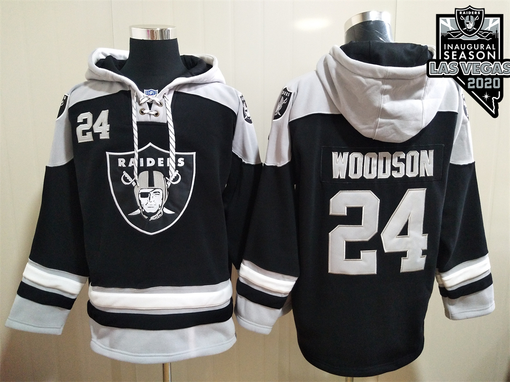 Men's Las Vegas Raiders #24 Charles Woodson NEW Black 2020 Inaugural Season Pocket Stitched NFL Pullover Hoodie