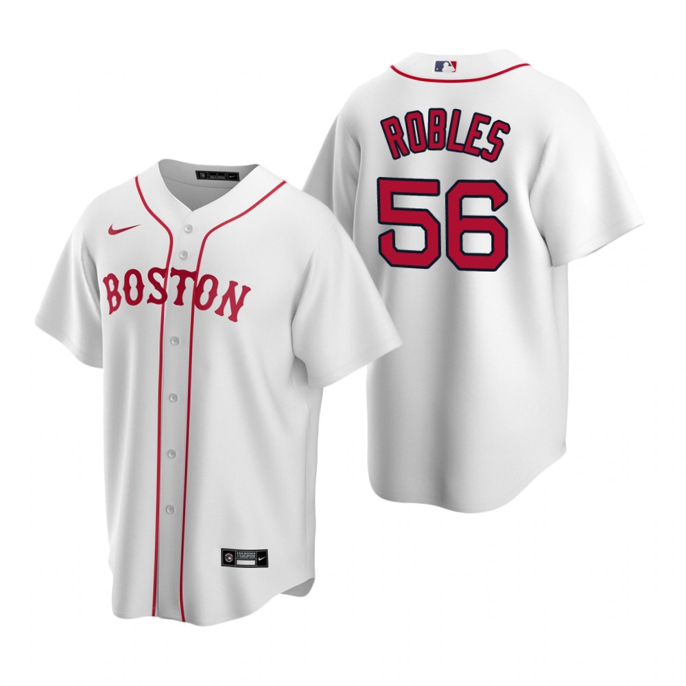 Mens Boston Red Sox #56 Hansel Robles Nike White 2021 Patriots Day Authentic CoolBase Jersey