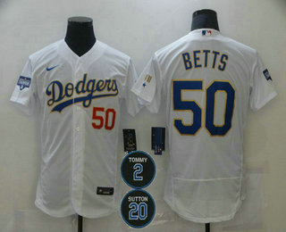Men's Los Angeles Dodgers #50 Mookie Betts White Gold #2 #20 Patch Flex Base Sttiched MLB Jersey