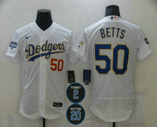Men's Los Angeles Dodgers #50 Mookie Betts White Gold #2 #20 Patch Flex Base Sttiched MLB Jersey Men's Los Angeles Dodgers #50 Mookie Betts White Gold #2 #20 Patch Flex Base Sttiched MLB Jersey