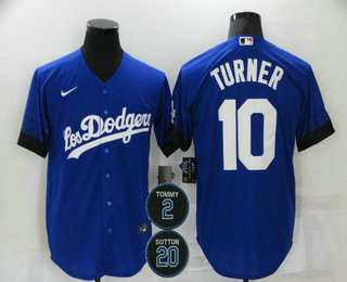 Men's Los Angeles Dodgers #10 Justin Turner Blue #2 #20 Patch City Connect Cool Base Stitched Jersey Men's Los Angeles Dodgers #10 Justin Turner Blue #2 #20 Patch City Connect Cool Base Stitched Jersey