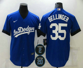 Men's Los Angeles Dodgers #35 Cody Bellinger Blue #2 #20 Patch City Connect Cool Base Stitched Jersey