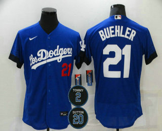 Men's Los Angeles Dodgers #21 Walker Buehler Blue #2 #20 Patch City Connect Flex Base Stitched Jersey