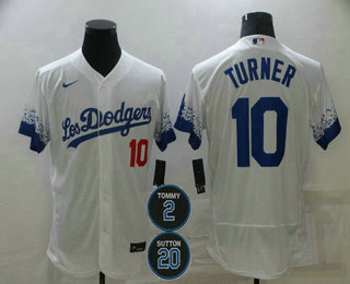 Men's Los Angeles Dodgers #10 Justin Turner White #2 #20 Patch City Connect Flex Base Stitched Jersey