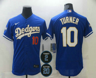 Men's Los Angeles Dodgers #10 Justin Turner Blue Gold #2 #20 Patch Stitched MLB Flex Base Nike Jersey