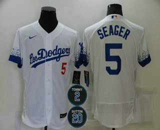 Men's Los Angeles Dodgers #5 Corey Seager White #2 #20 Patch City Connect Flex Base Stitched Jersey
