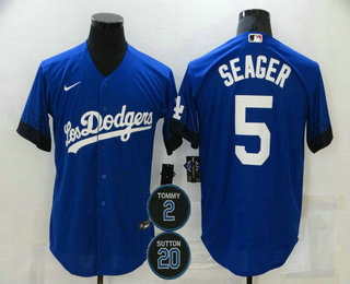 Men's Los Angeles Dodgers #5 Corey Seager Blue #2 #20 Patch City Connect Cool Base Stitched Jersey