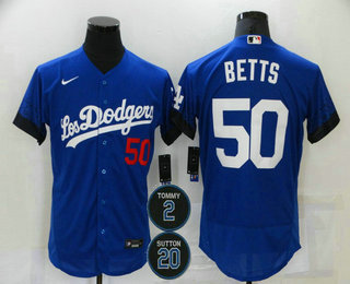 Men's Los Angeles Dodgers #50 Mookie Betts Blue #2 #20 Patch City Connect Flex Base Stitched Jersey