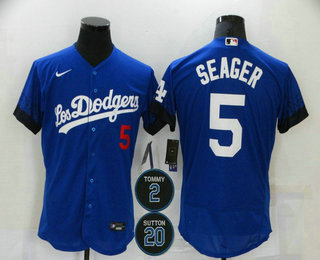Men's Los Angeles Dodgers #5 Corey Seager Blue #2 #20 Patch City Connect Flex Base Stitched Jersey