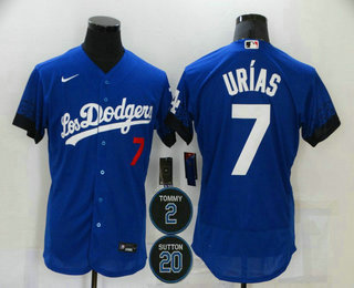 Men's Los Angeles Dodgers #7 Julio Urias Blue #2 #20 Patch City Connect Flex Base Stitched Jersey