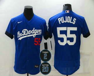 Men's Los Angeles Dodgers #55 Albert Pujols Blue #2 #20 Patch City Connect Flex Base Stitched Jersey Men's Los Angeles Dodgers #55 Albert Pujols Blue #2 #20 Patch City Connect Flex Base Stitched Jersey
