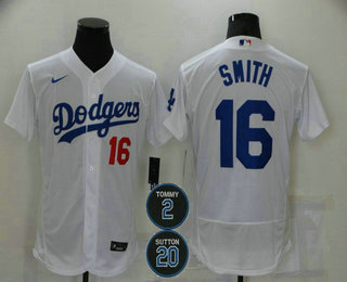 Men's Los Angeles Dodgers #16 Will Smith White #2 #20 Patch Stitched MLB Flex Base Nike Jersey