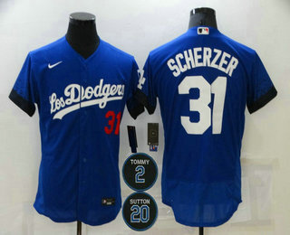 Men's Los Angeles Dodgers #31 Max Scherzer Blue #2 #20 Patch City Connect Flex Base Stitched Jersey