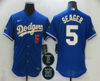 Men's Los Angeles Dodgers #5 Corey Seager Blue #2 #20 Patch Stitched MLB Flex Base Nike Jersey