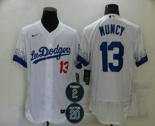 Men's Los Angeles Dodgers #13 Max Muncy White #2 #20 Patch City Connect Flex Base Stitched Jersey