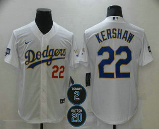 Men's Los Angeles Dodgers #22 Clayton Kershaw Red Number White Gold #2 #20 Patch Stitched MLB Cool Base Nike Jersey