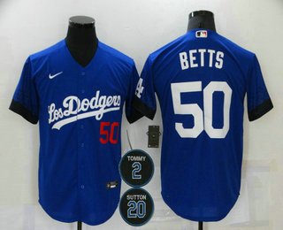 Men's Los Angeles Dodgers #50 Mookie Betts Blue #2 #20 Patch City Connect Number Cool Base Stitched Jersey