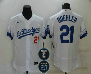 Men's Los Angeles Dodgers #21 Walker Buehler White #2 #20 Patch City Connect Flex Base Stitched Jersey Men's Los Angeles Dodgers #21 Walker Buehler White #2 #20 Patch City Connect Flex Base Stitched Jersey