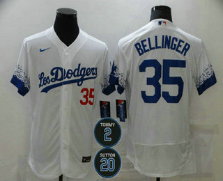 Men's Los Angeles Dodgers #35 Cody Bellinger White #2 #20 Patch City Connect Flex Base Stitched Jersey Men's Los Angeles Dodgers #35 Cody Bellinger White #2 #20 Patch City Connect Flex Base Stitched Jersey