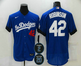 Men's Los Angeles Dodgers #42 Jackie Robinson Blue #2 #20 Patch City Connect Flex Base Stitched Jersey