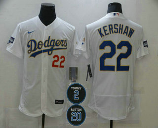 Men's Los Angeles Dodgers #22 Clayton Kershaw White Gold #2 #20 Patch Stitched MLB Flex Base Nike Jersey