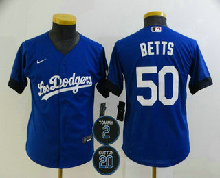 Youth Los Angeles Dodgers #50 Mookie Betts Blue #2 #20 Patch City Connect Cool Base Stitched Jersey