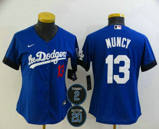 Women's Los Angeles Dodgers #13 Max Muncy Blue #2 #20 Patch City Connect Number Cool Base Stitched Jersey