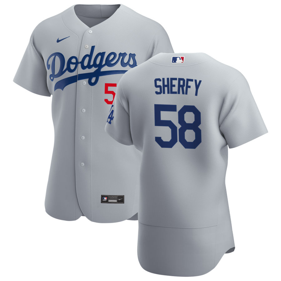 Mens Los Angeles Dodgers #58 Jimmie Sherfy Nike Grey Road FlexBase Jersey