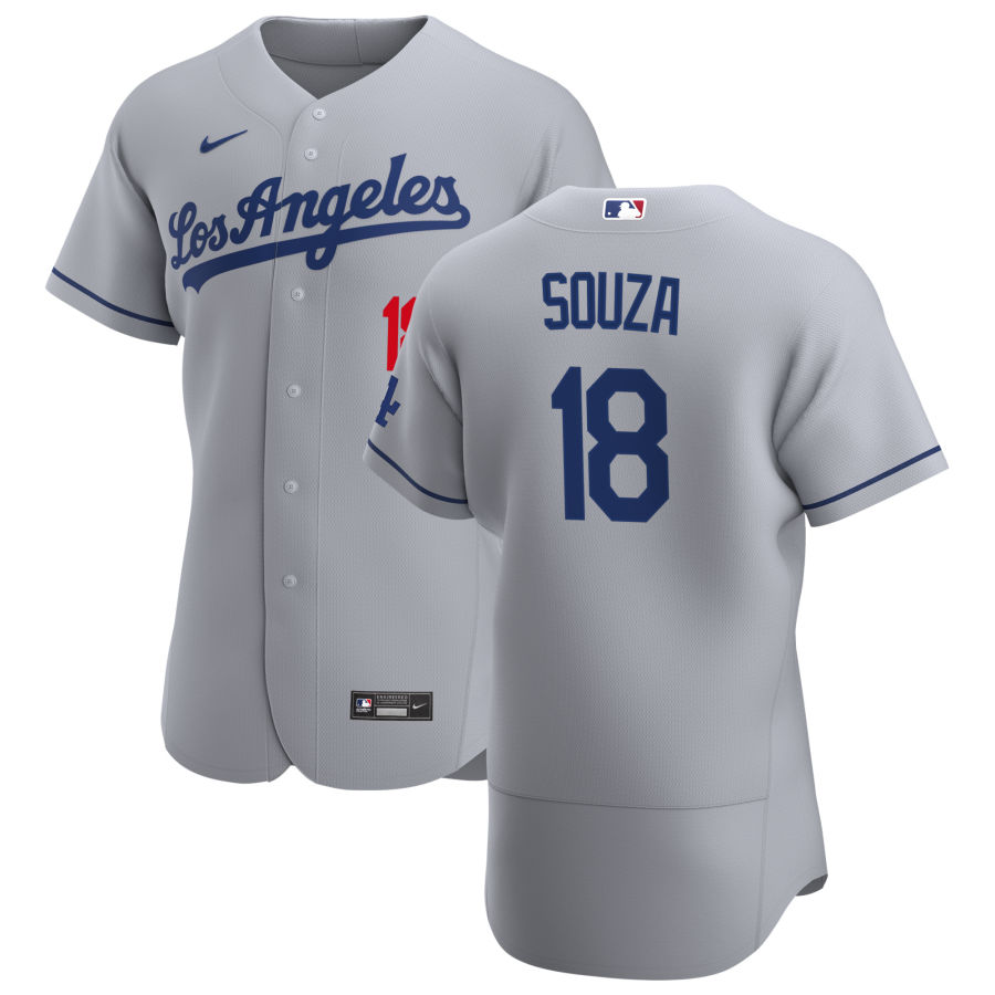 Mens Los Angeles Dodgers #18 Steven Souza Jr. Nike Grey Los Angeles FlexBase Jersey