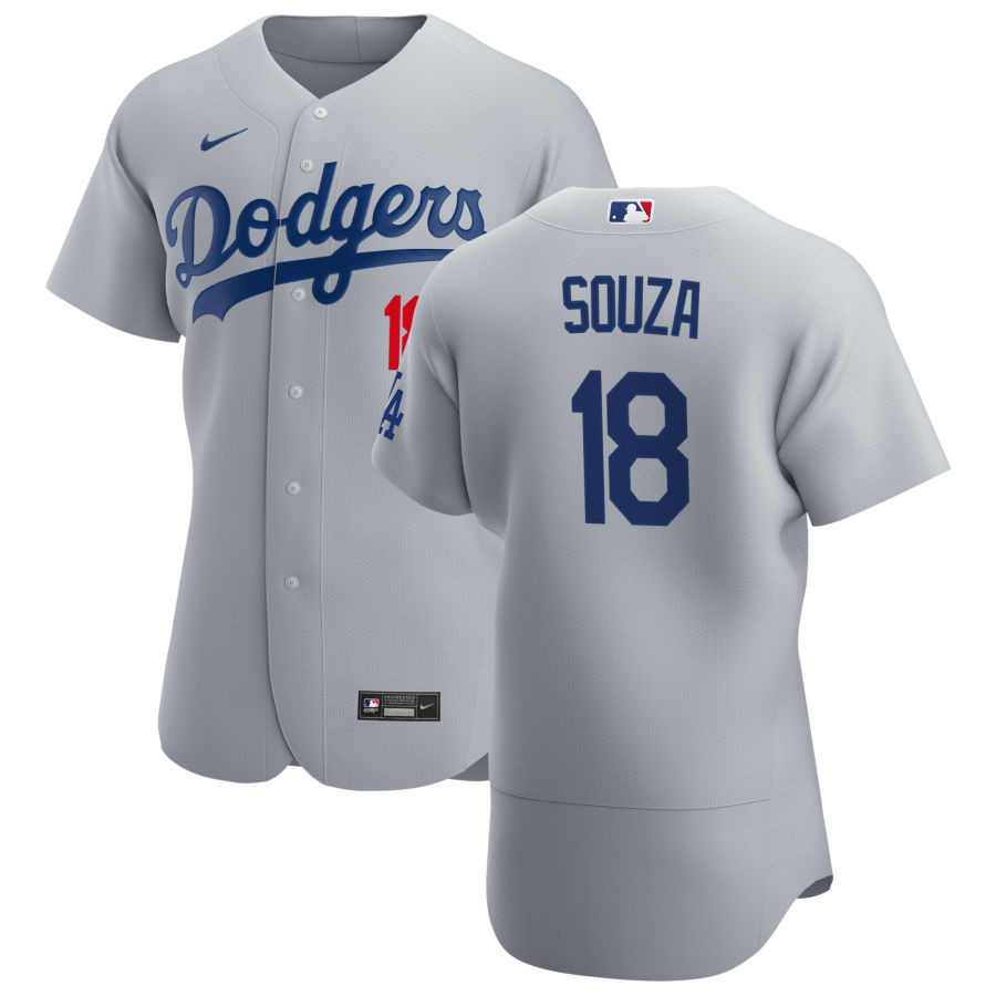 Mens Los Angeles Dodgers #18 Steven Souza Jr. Nike Grey Road FlexBase Jersey