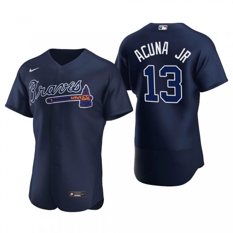Mens Atlanta Braves #13 Ronald Acuna Jr Nike Navy Alternate 2nd FlexBase Jersey