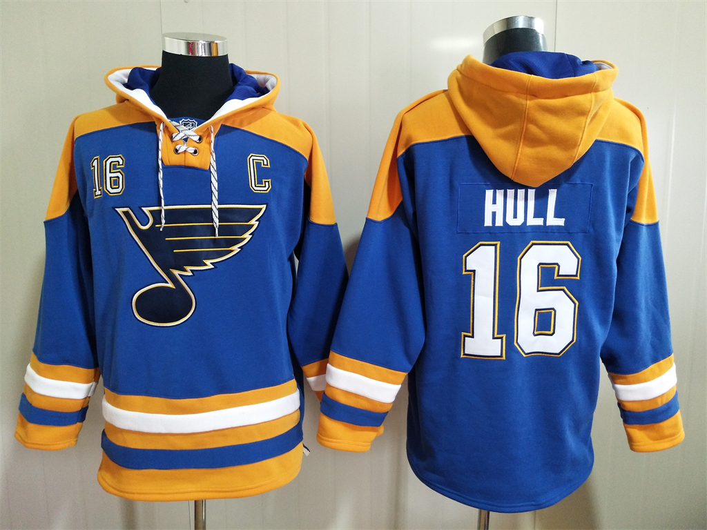 Men's St Louis Blues #16 Brett Hull Blue Ageless Must Have Lace Up Pullover Hoodie