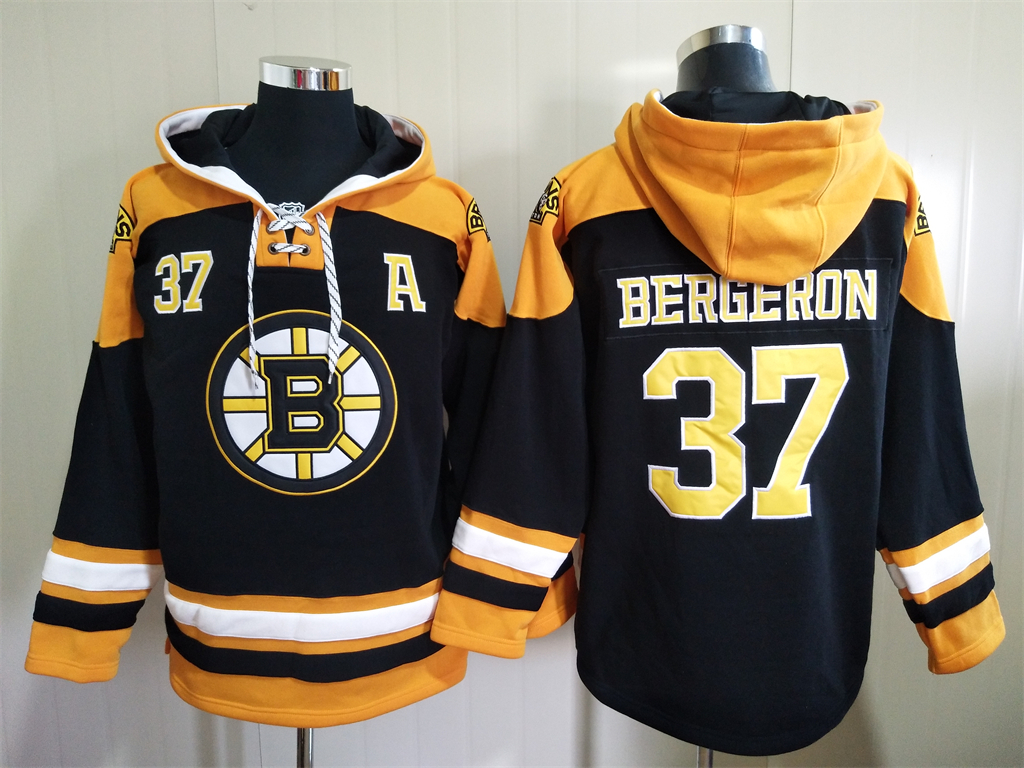 Men's Boston Bruins #37 Patrice Bergeron Black Ageless Must Have Lace Up Pullover Hoodie Men's Boston Bruins #37 Patrice Bergeron Black Ageless Must Have Lace Up Pullover Hoodie