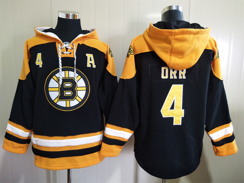Men's Boston Bruins #4 Bobby Orr Black Ageless Must Have Lace Up Pullover Hoodie