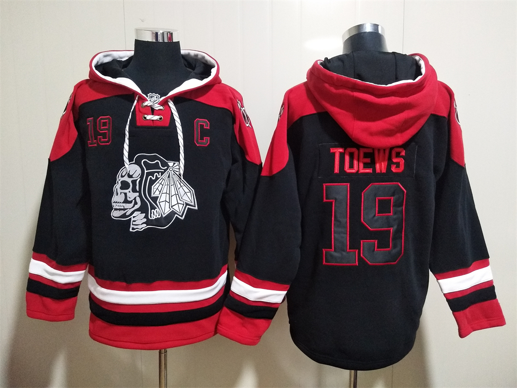 Men's Chicago Blackhawks #19 Jonathan Toews Black Ageless Must Have Lace Up Pullover Hoodie Men's Chicago Blackhawks #19 Jonathan Toews Black Ageless Must Have Lace Up Pullover Hoodie