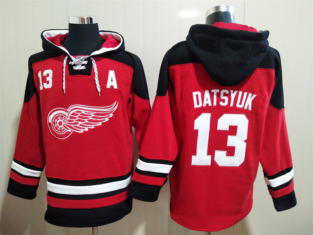 Men's Detroit Red Wings #13 Pavel Datsyuk A Patch Red Hoodie