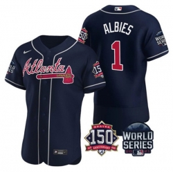 Men Atlanta Braves 1 Ozzie Albies 2021 Navy World Series With 150th Anniversary Patch Stitched Baseball Jersey