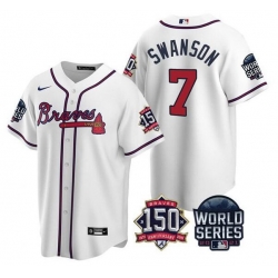 Men Atlanta Braves 7 Dansby Swanson 2021 White World Series With 150th Anniversary Patch Cool Base Stitched Jersey