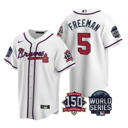 Men Atlanta Braves 5 Freddie Freeman 2021 White World Series With 150th Anniversary Patch Cool Base Stitched Jersey